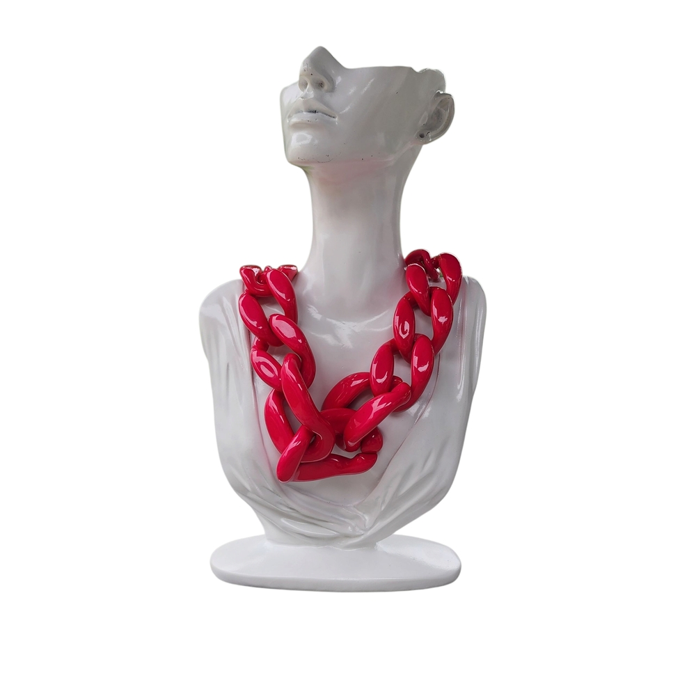 Vibrant Fuchsia Neon Pink Chunky Resin Oversized Chain Link Statement Necklace - Picture 9 of 11